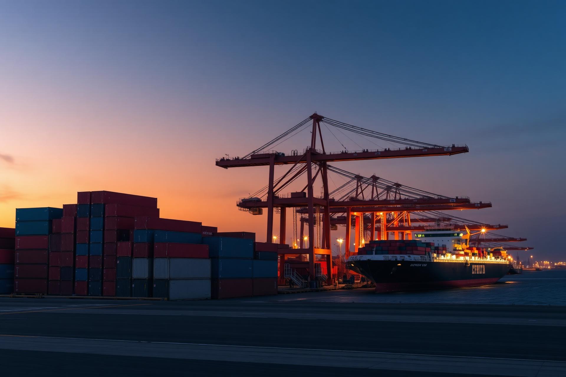 Porto internacional com contêineres e navio cargueiro ao pôr do sol